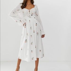 ASOS White Floral Cotton Embroidered Midi Dress